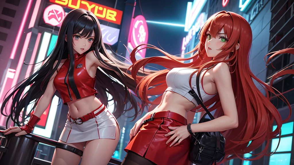 2d anime style, a beautiful woman with long curly brown hair and green eyes wearing a red miniskirt, white top and leather jacket is in front of a dance club that shines in neon on its facade the name "Technoir", night of a city in the 80s, lighting of streetlights and neon, high definition, high resolution, intricate details,