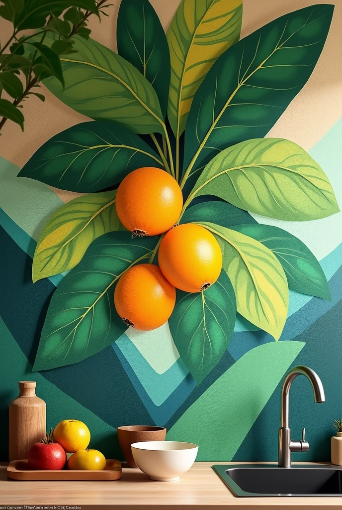 A wall painting of chicaras and leaves on the kitchen wall. Common kitchen, no extravagant objects