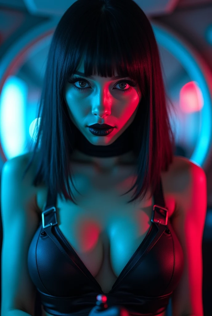 a portrait of a pretty young woman, cool，gundamwingcockpit, futuristic, scifi, Naked , goth, dark lips, large breasts, solo, black hair，straight hair, gloves, dutch angle, smirk, controls, joystick, holographic interface, technology, close up, glowing, neon