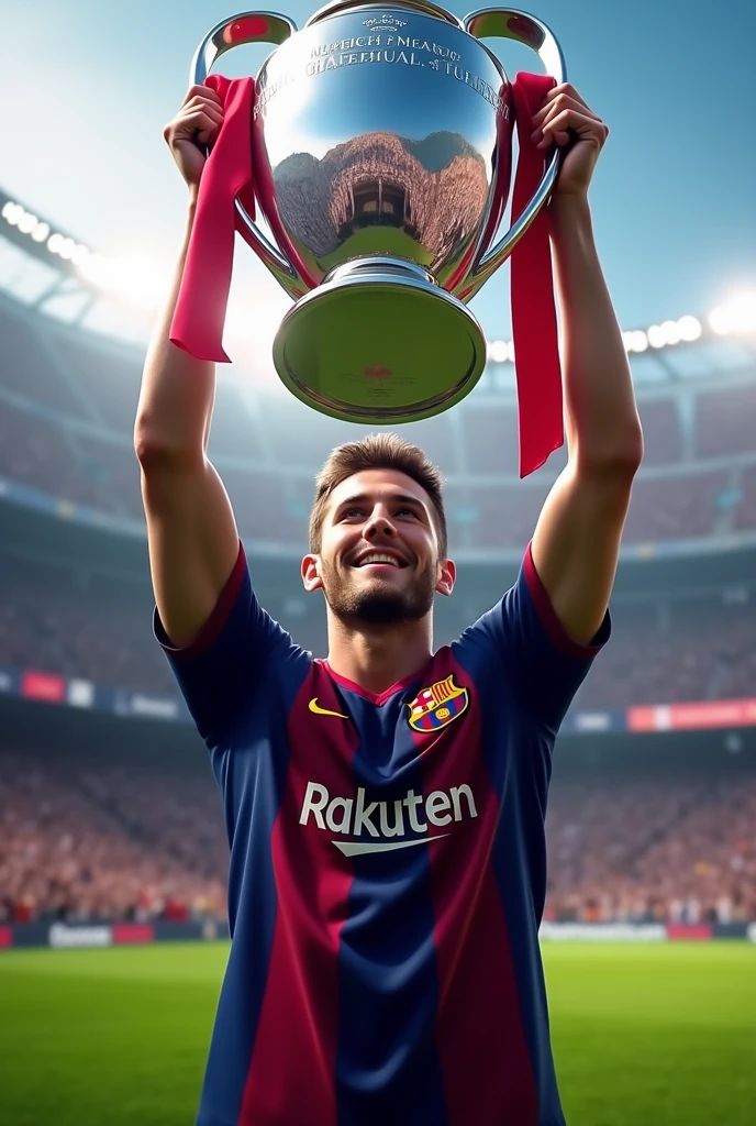 Pedri, Barcelona player, with the Champions League in his hand 