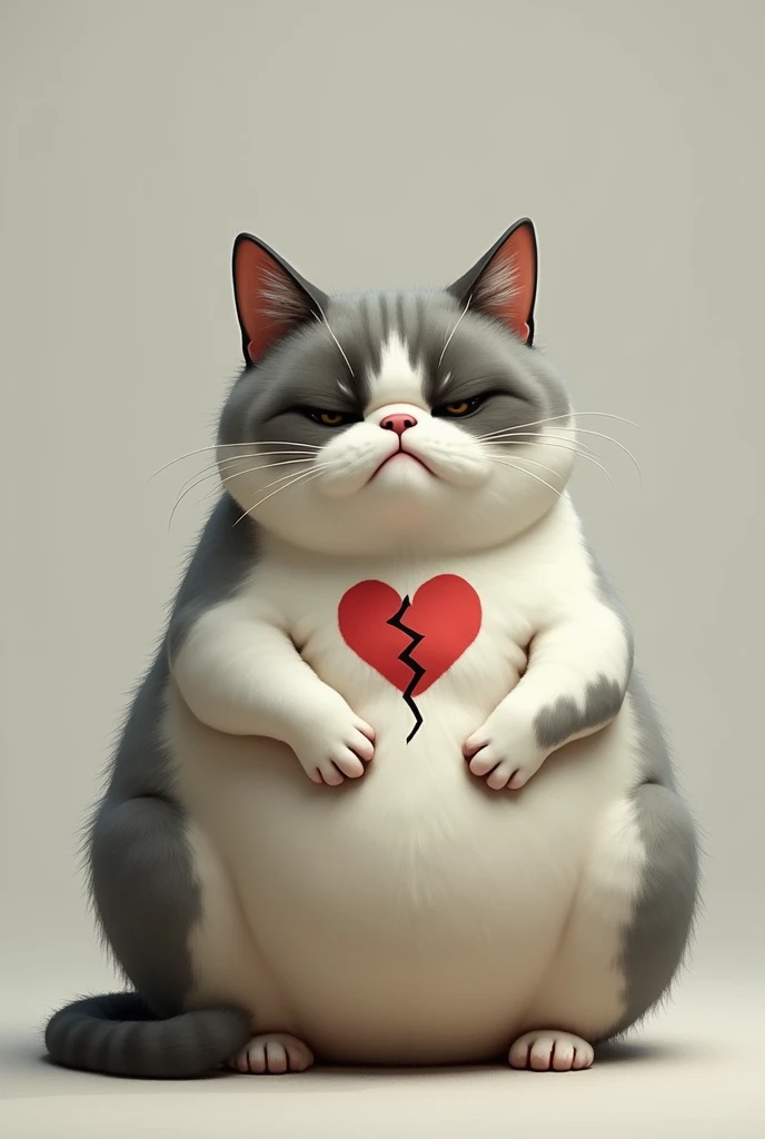 I want you to create a white cat with gray and brown spots, fat, sad and with a broken heart