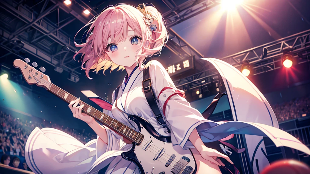 Natural light Japan woman 1 person Beautiful Eyes Are standing Concert Venues Flashy lighting cute microphone Anime Style Strong gaze Playing electric guitar