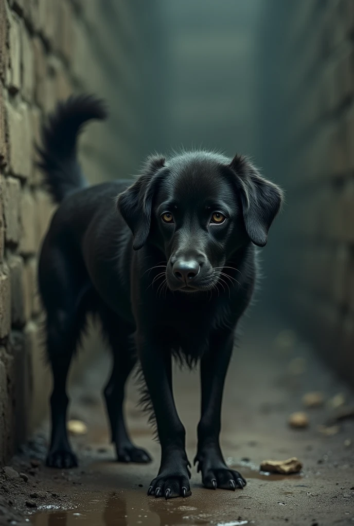 black dog, little, sick and sad