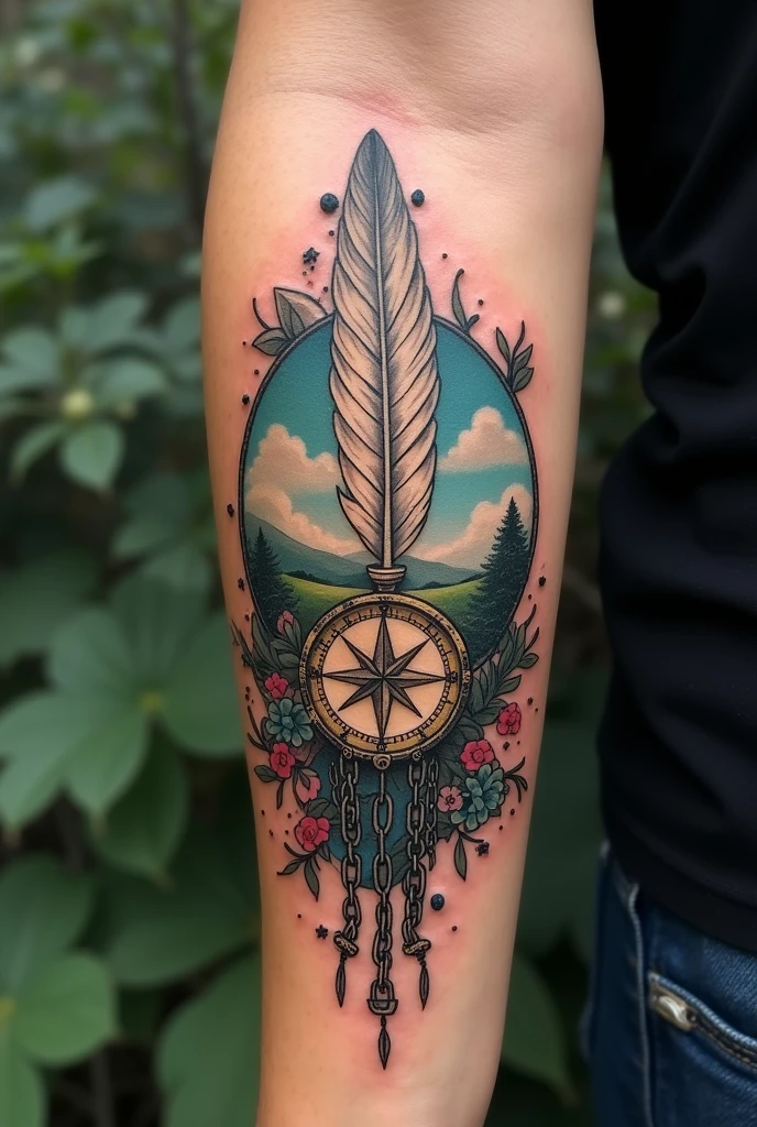 Tattoo on forearm with images of a feather, Compass and broken chains in a landscape of rebirth
