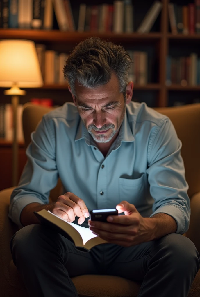 Create an image of a man trying to read but is distracted by his cell phone