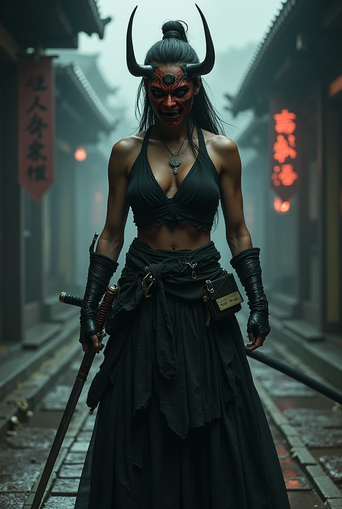 warrior woman, low and strong, wearing japanese oni mask and katana