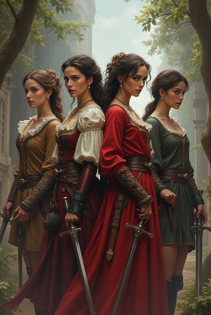 4 musketeers, two men and two women, a pair of each gender, can&#39;t have a mustache, 2 women 