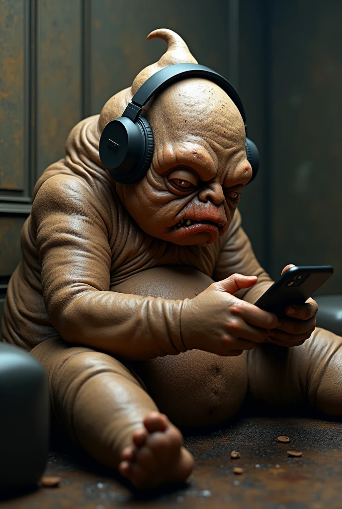 An Ugly and Realistic Living Poop Gamer Playing a Game on Phone with Headset