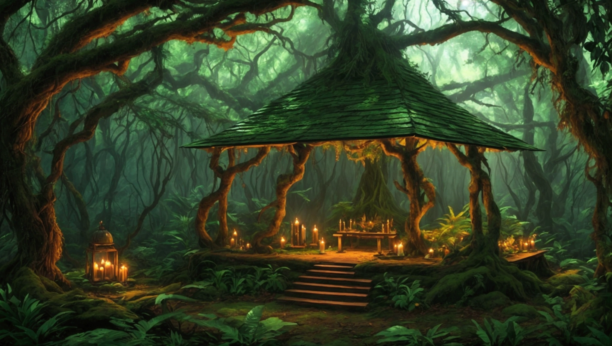  woods, forest, jungle, anime style, altar, ((altar)), magical altar, magic, altar under tent,
