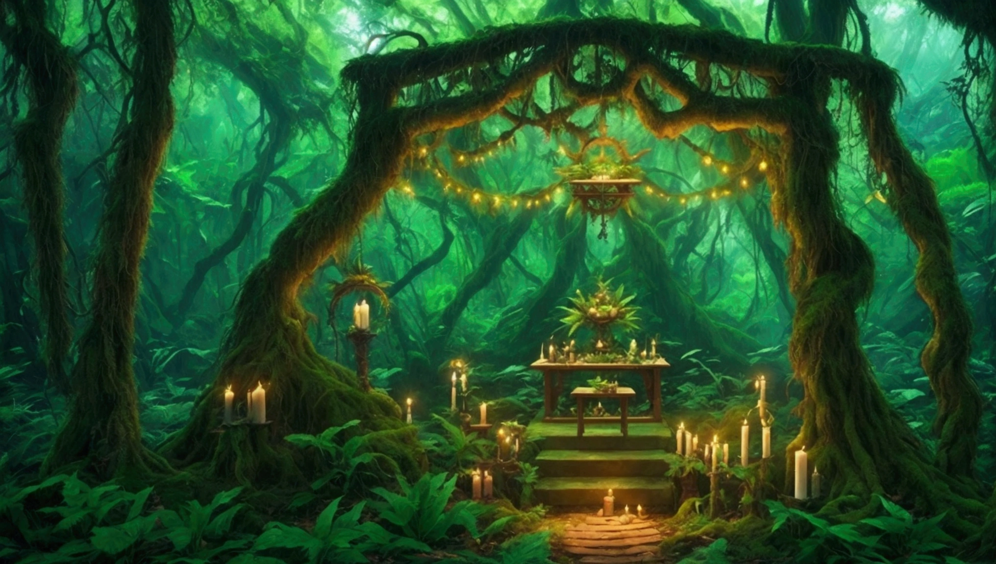  woods, forest, jungle, anime style, altar, ((altar)), magical altar, magic, altar under tent,
