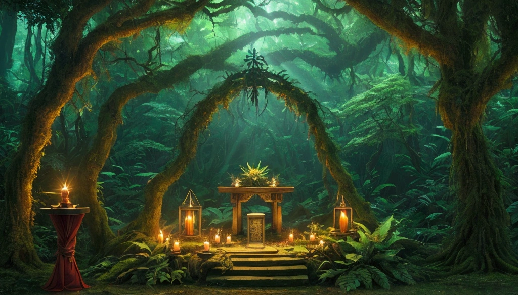  woods, forest, jungle, anime style, altar, ((altar)), magical altar, magic, altar under tent,
