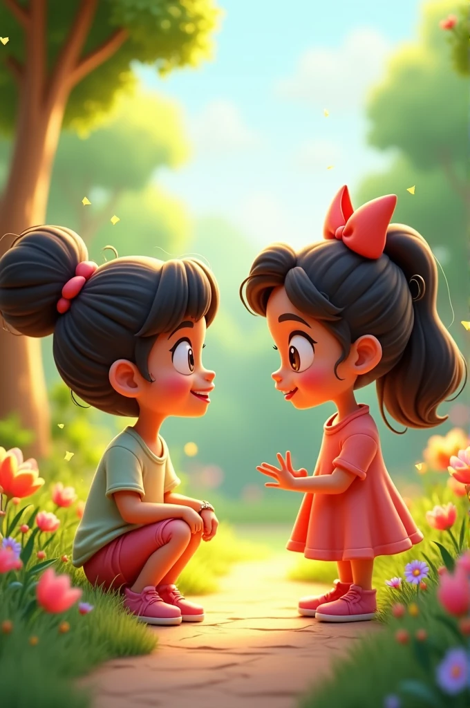 Cartoon style of 3d ears lod girls Illustrate Laila and CA having a conversation. Laila is kneeling down, looking at CA with curiosity, while CA, with a playful and confident expression, seems to be explaining something. The garden setting remains warm and inviting.