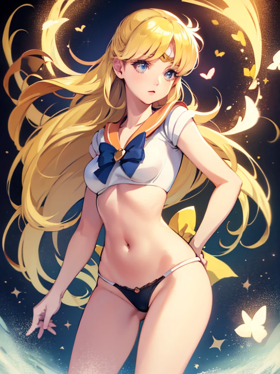 (best quality:1.4), highres, masterpiece, 4k, ultra detailed, intricate  detail,1girl,, sailor venus.lifting skirt, showimg white panties