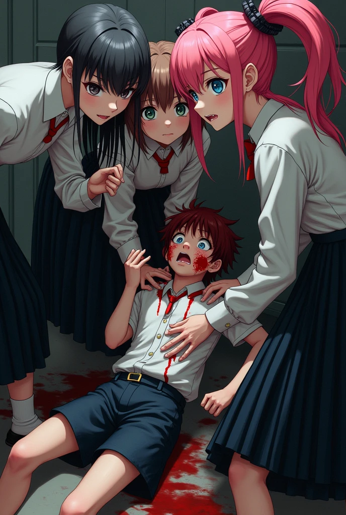 A group of high school girls in long black skirts stepping on a bloody boy'anime head,Girl with pink hair、blue eyes、Twin Drill
