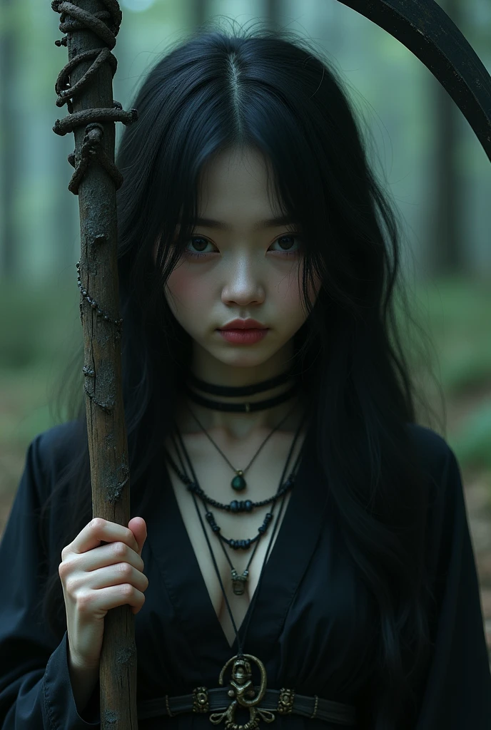 ((grim Reaper))、young woman、cute、1、Japanese、Face close-up、sexy、(((He carries a scythe as big as he is.)))、grim Reaperの鎌、Death Scythe、Bone Jewelry、Background dark forest、(best quality,4K,8k,highres,masterpiece:1.2),ultra-detailed,(realistic,photorealistic,photo-realistic:1.37),HDR,uhd,studio lighting,ultra-fine painting,sharp focus,physically-based rendering,extreme detail description,professional,vivid colors,bokeh,cinematic lighting,dramatic shadow,