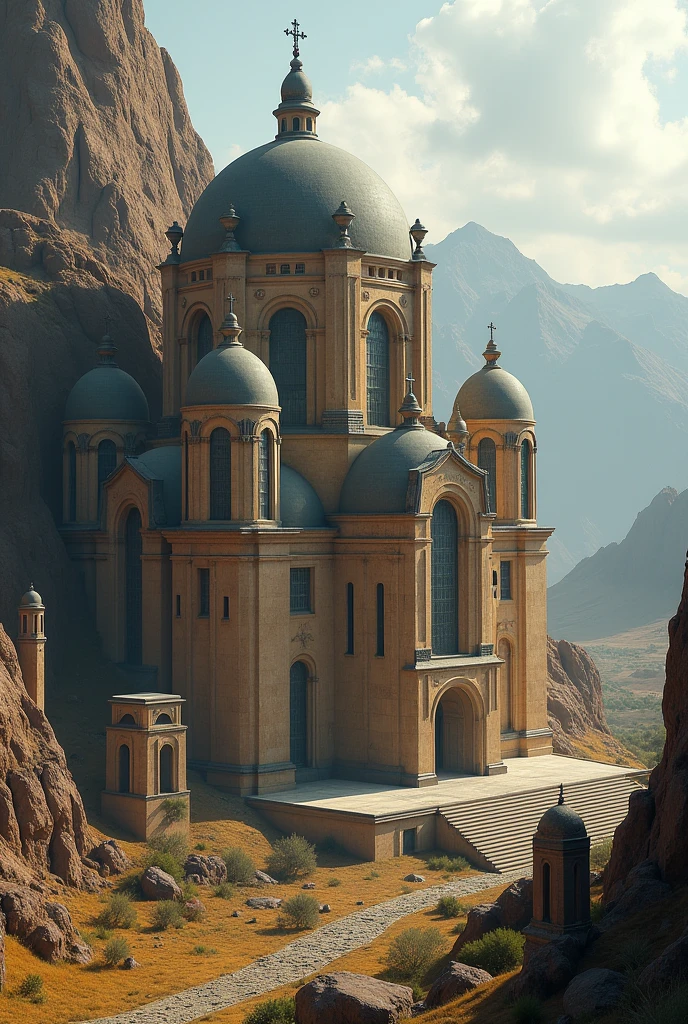 there is a large Ethiopian Orthodox Church building with hemispherical Dom that is built into the side of a mountain, intricate matte painting, matte painting of human mind, digital matte painting, ancient yet futuristic, elaborate matte painting, hyperdetailed 3d matte painting, hyperdetailed 3 d matte painting, extravagant matte painting, epic matte painting, epic cinematic matte painting, matte painting concept art, giant tomb structures