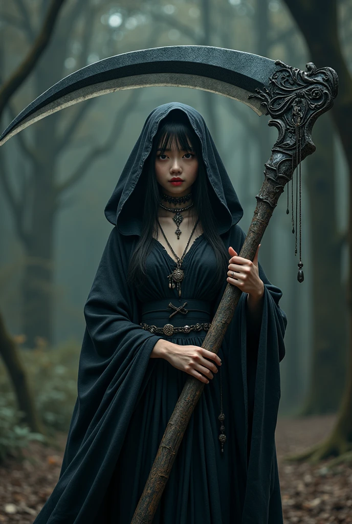 ((grim Reaper))、young woman、cute、1、Japanese、sexy、(((He carries a scythe as big as he is.)))、grim Reaperの鎌、Death Scythe、Bone Jewelry、Background dark forest、(best quality,4K,8k,highres,masterpiece:1.2),ultra-detailed,(realistic,photorealistic,photo-realistic:1.37),HDR,uhd,studio lighting,ultra-fine painting,sharp focus,physically-based rendering,extreme detail description,professional,vivid colors,bokeh,cinematic lighting,dramatic shadow,