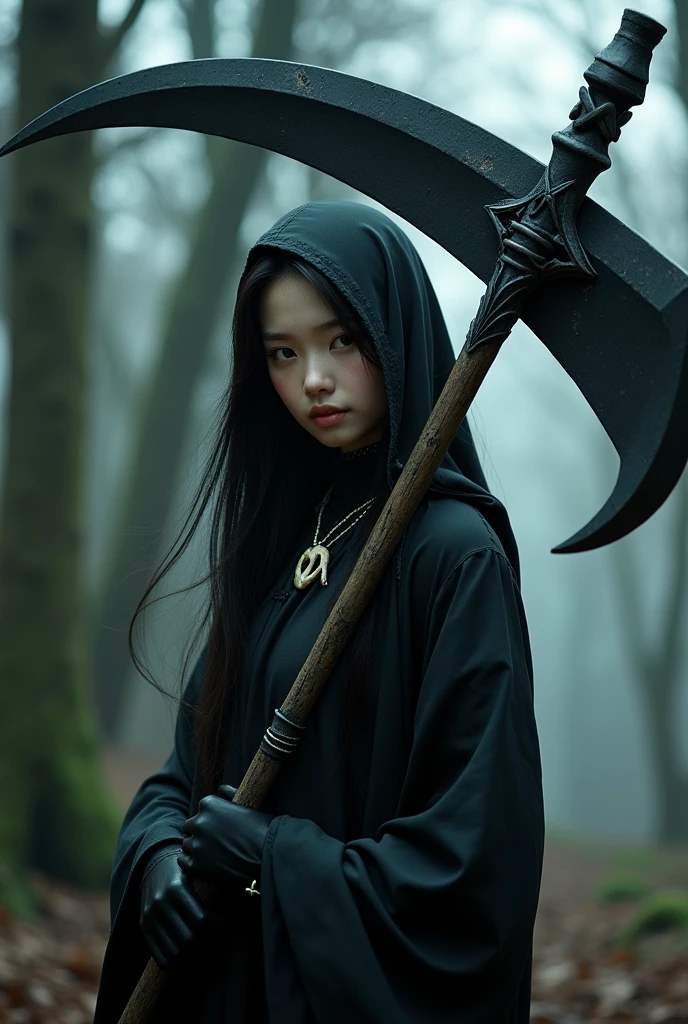 ((grim Reaper))、young woman、cute、1、Japanese、sexy、(((He carries a scythe as big as he is.)))、grim Reaperの鎌、Death Scythe、Bone Jewelry、Background dark forest、(best quality,4K,8k,highres,masterpiece:1.2),ultra-detailed,(realistic,photorealistic,photo-realistic:1.37),HDR,uhd,studio lighting,ultra-fine painting,sharp focus,physically-based rendering,extreme detail description,professional,vivid colors,bokeh,cinematic lighting,dramatic shadow,