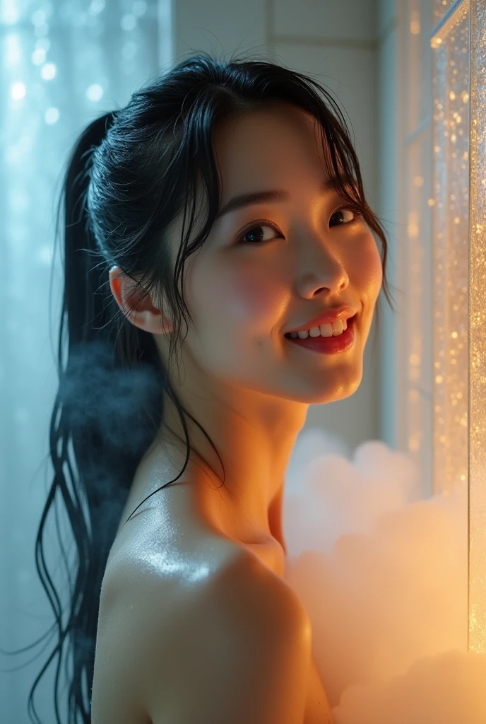Beautiful Korean Women,naked bath, in the shower with running water,wet black hair in a ponytail,smile cheerfully,with steamy glass background,best quality realistic detailed photography.8k hd