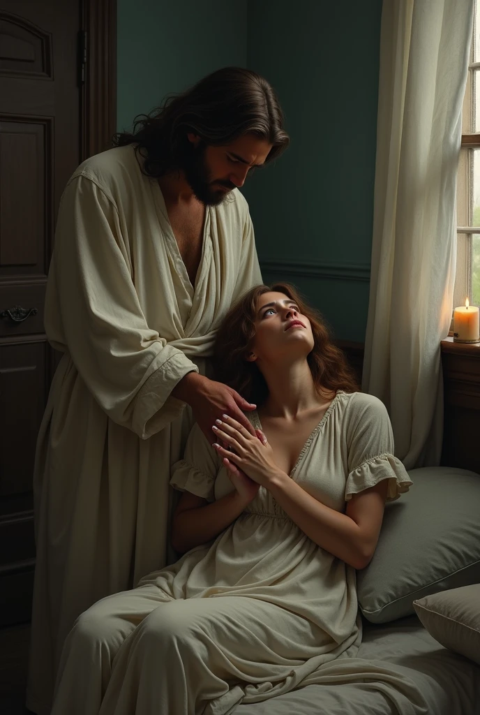 A woman crying in her room and Jesus beside her 