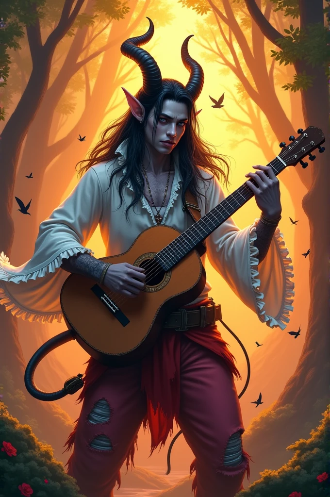 (vibrant character) young tiefling bard in his 20s with the dark gray skin, long black hair, dark eyes, two prominent horns, one cracked, wearing a white shirt with frilled collar, bell sleeves and vibrant ripped pants, playing a lyre, (dramatic lighting) warm hues casting shadows, (richly textured background) forest with lots of birds
