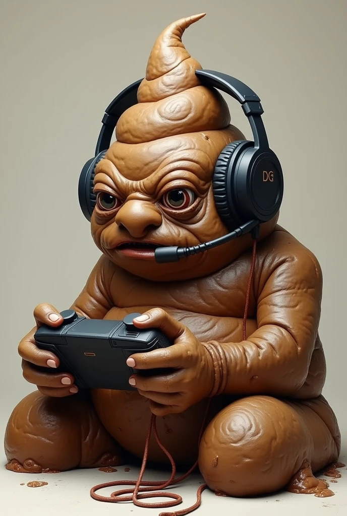 A Realistic, Ugly Living Poop Gamer Playing a Game on Phone with Headset
