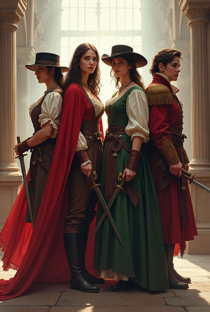 4 musketeers, two men and two women, a pair of each gender, can't have a mustache,