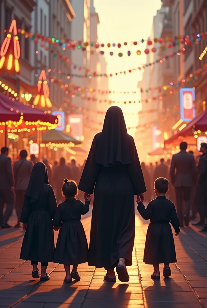 A family of believers walking down the street passes in front of a carnival block.