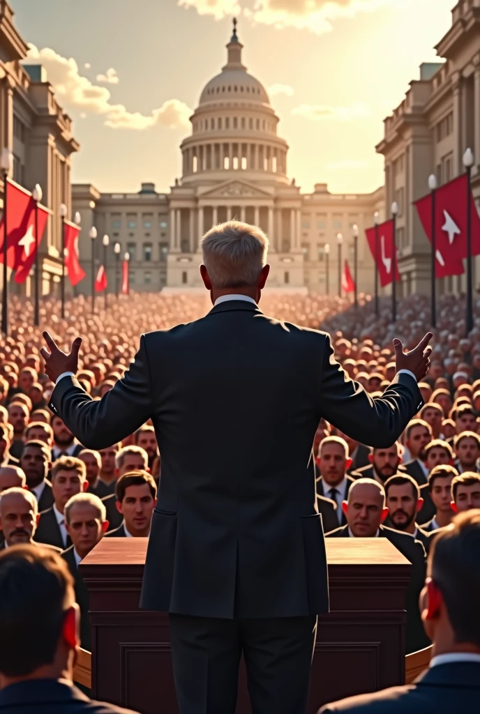 Hitler giving a speech to a crowd in Germany, with the Nazi flag waving behind