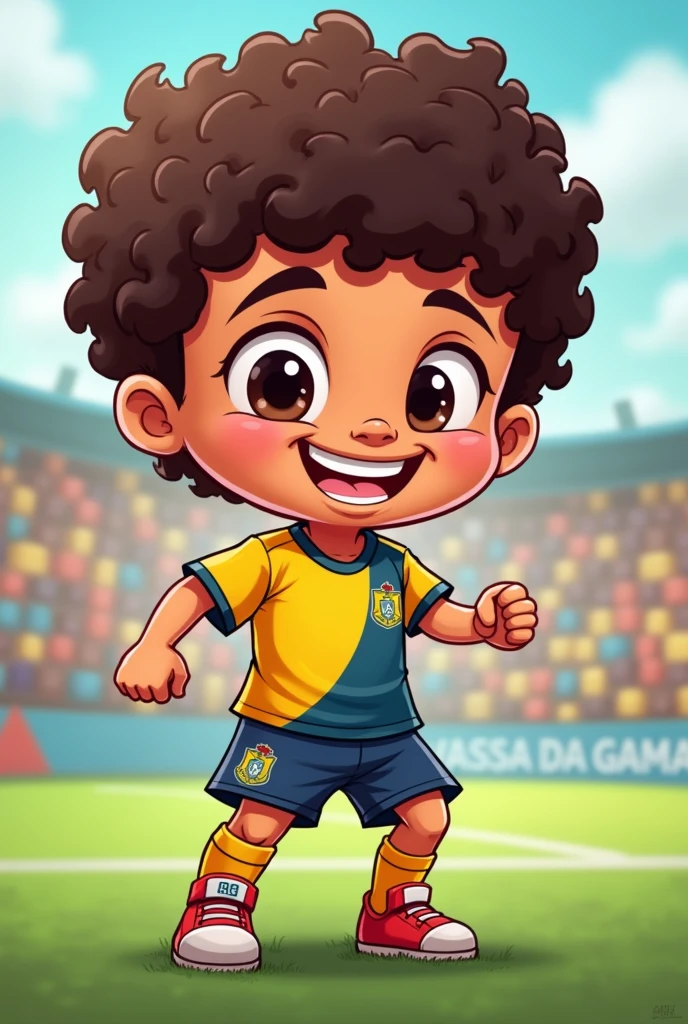 Create cartoon image of  brown child with short curly hair, wearing Vasco da Gama football uniform