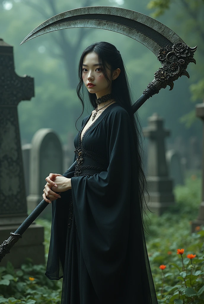 ((grim Reaper))、young woman、cute、1、Japanese、sexy、(((He carries a scythe as big as he is.)))、grim Reaperの鎌、Death Scythe、Bone Jewelry、Background Graveyard、(best quality,4K,8k,highres,masterpiece:1.2),ultra-detailed,(realistic,photorealistic,photo-realistic:1.37),HDR,uhd,studio lighting,ultra-fine painting,sharp focus,physically-based rendering,extreme detail description,professional,vivid colors,bokeh,cinematic lighting,dramatic shadow,