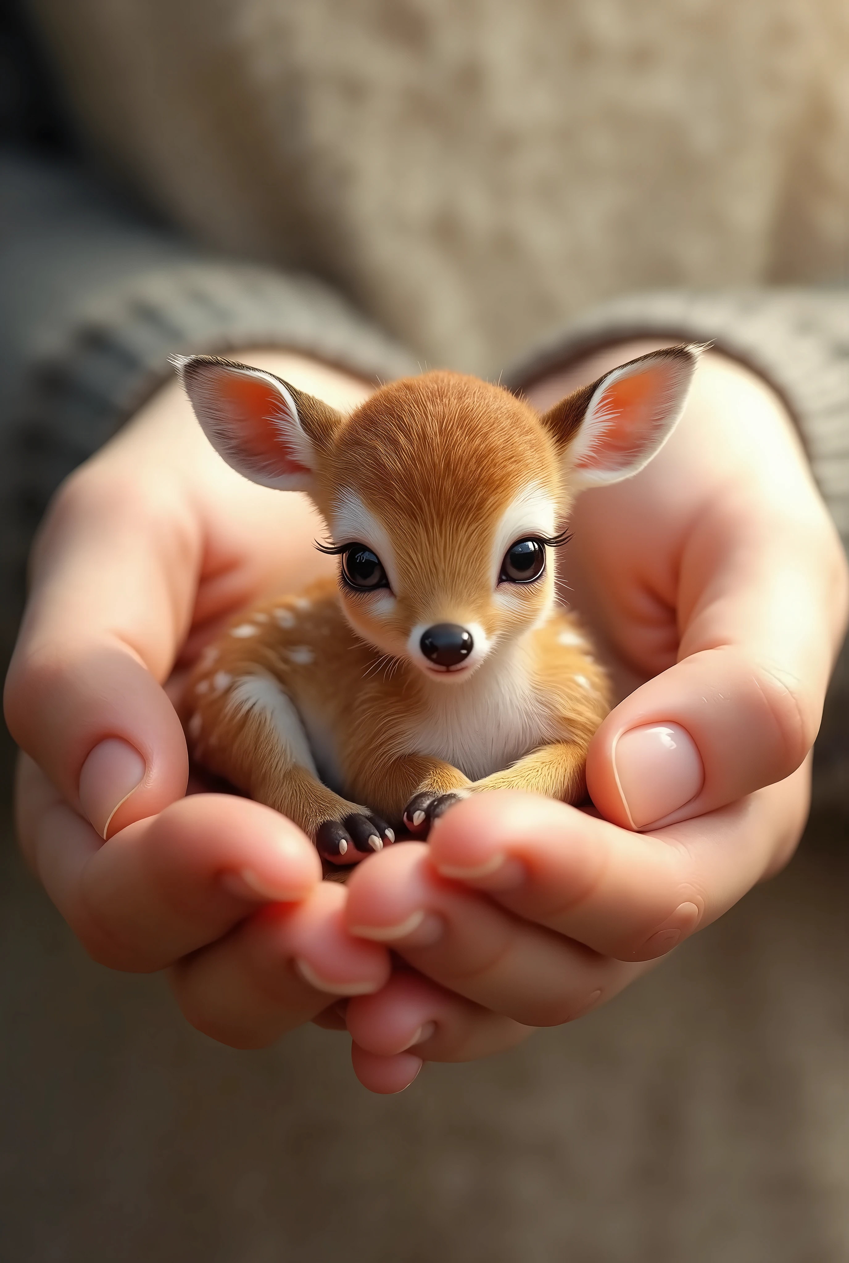 A SMALL CUTE BABY DEER IN A HUMAN&#39;S PALM