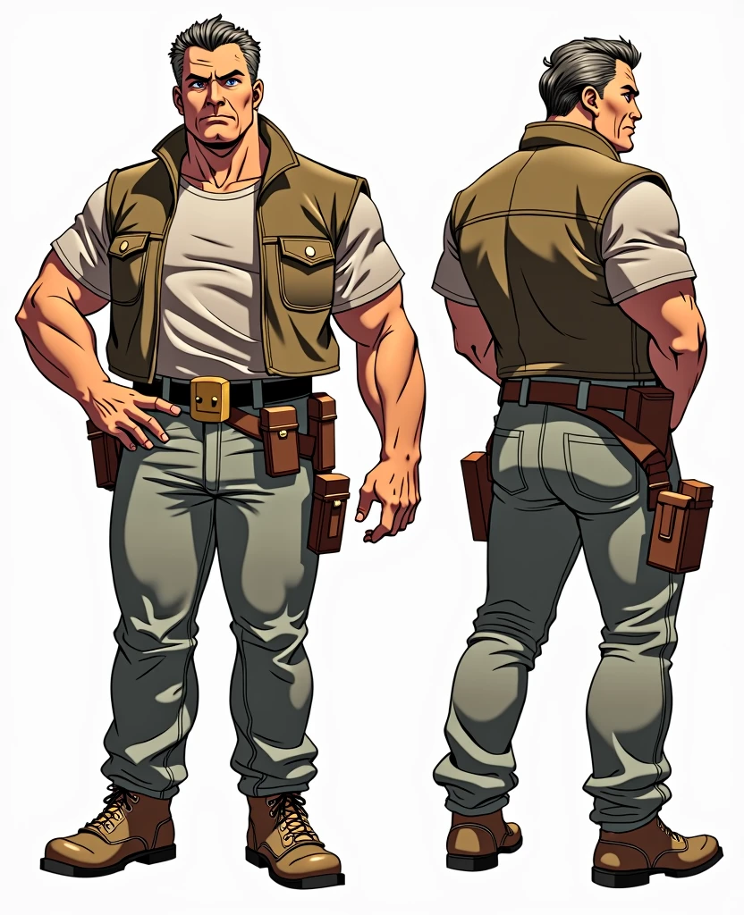 Character sheet image of an adult male named John Smith. He has fair skin with a few freckles, short gray hair slicked back with hints of brown, and intense blue eyes with a watchful expression. His build is stocky and muscular. The style should blend 1980s comic book art with 1980s anime, showing him in a firm, resolute pose Ângulos diferentes, no estilo da Joaninha Milagrosa, ficha de personagem, fundo branco --ar 3:2, poses de personagem