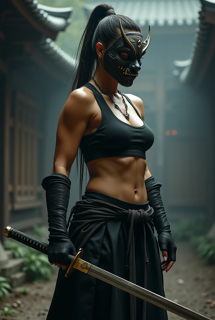 warrior woman, low and strong, wearing japanese oni mask and katana