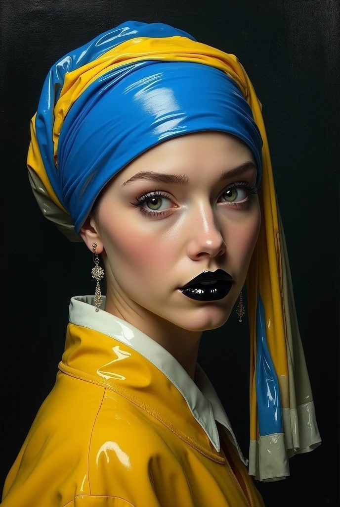Créais une image du style realiste, comme le tableau de Johannes Vermeer, la jeune fille à la perle. Son vetement doit etre en matiere vinyle pvc latex brillant jaune. Le turban sur la tete doit etre en matiere vinyle pvc latex brillant bleu, jaune et blanc. Les levres de la jeune fille sont noires brillantes.