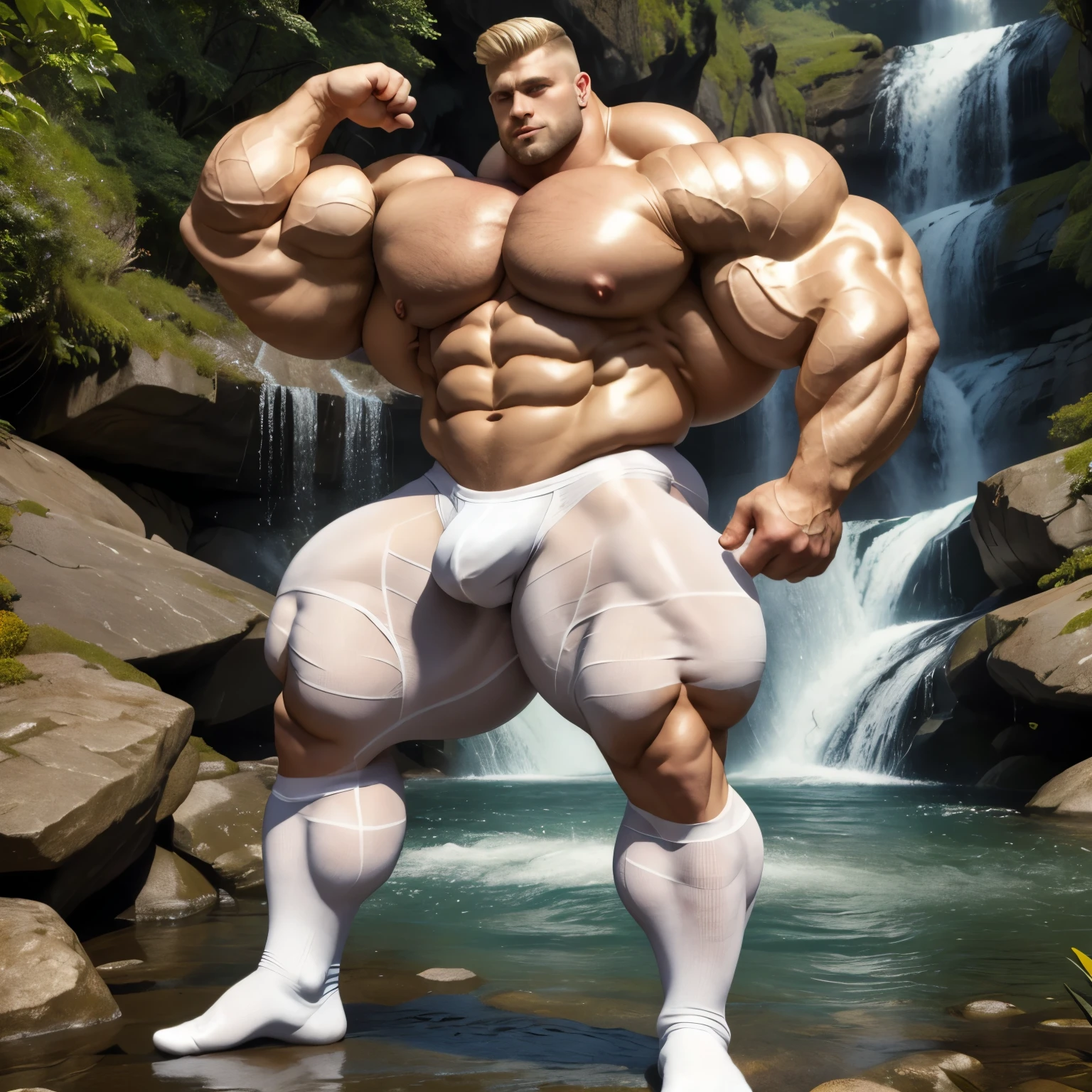 full body view, one white european male bodybuilder flexing his massive big bulbous over-inflated triple-biceps. Handsome with blonde undercut clean shaved haircut . extremely over-blated and over-inflated bodybuilded. One arm raised flexing incredibly over-inflated triple-biceps bigger than his head. Posing in front of a waterfall. Broad well developed wide shoulders and absurdly over-inflated over-bloated round pecs Well defined abs. Thick muscular legs. Wearing only white transparent sheer tights with white sheer socks , pierced nipples with gold rings and chains