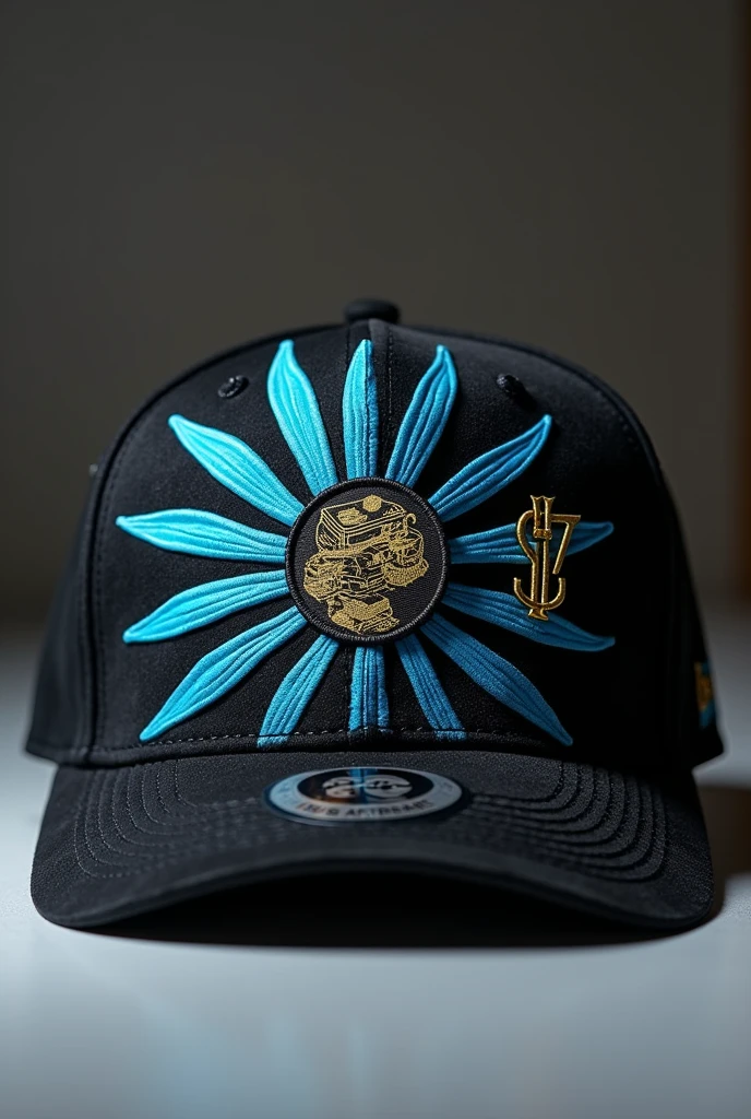 Make a black suede cap with cyan blue rays around it and in the center of the cap have an embroidered pin with a wad of money and on one side have the brand's seal "S7"