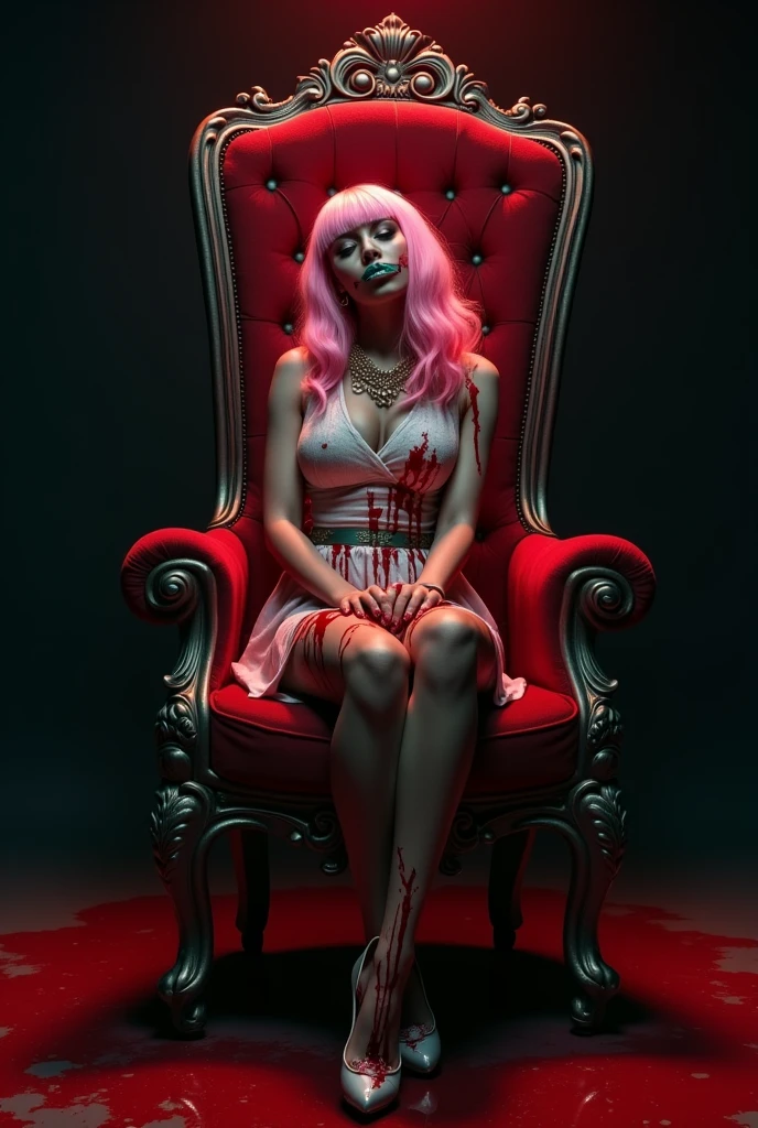 Nicki Minaj sitting in chair with duck tape around her mouth as blood drips off the chair and blood is all over her white dress. She’s wearing a pink wig pitch black background