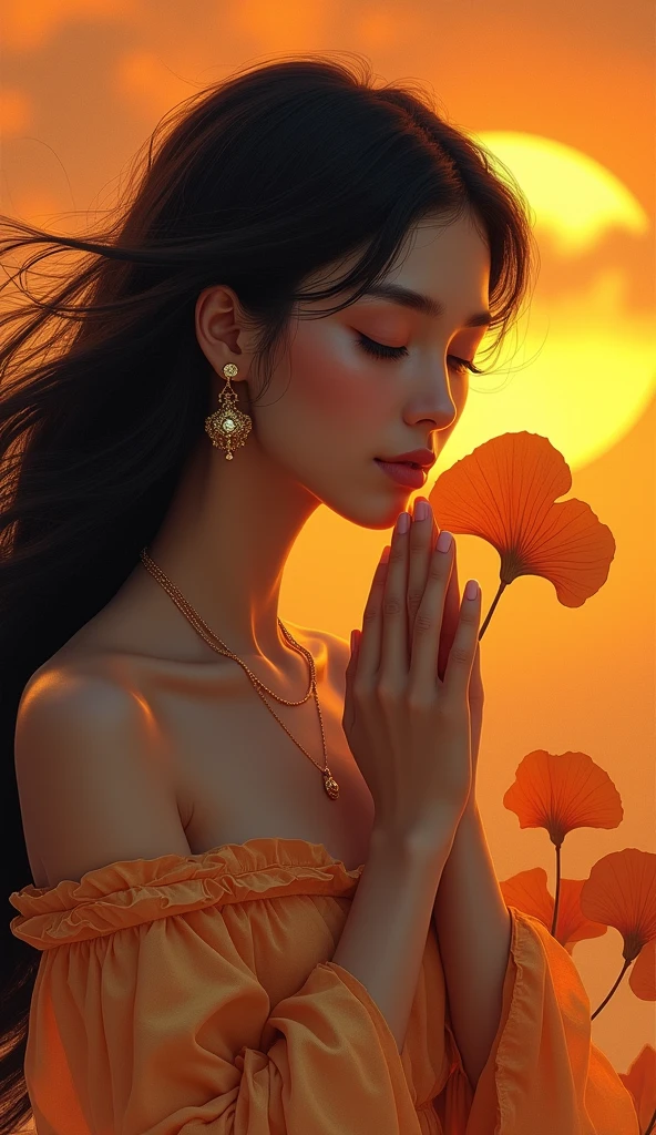 1girl, black hair, closed eyes, dark skin, earrings, ginkgo leaf, gradient, gradient background, jewelry, long hair, male focus, orange background, orange sky, orange theme, own hands clasped, own hands together, solo, sunset, upper body, yellow background, yellow sky, vibrant colors, fantasy