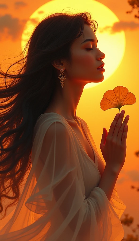 1girl, black hair, closed eyes, dark skin, earrings, ginkgo leaf, gradient, gradient background, jewelry, long hair, male focus, orange background, orange sky, orange theme, own hands clasped, own hands together, solo, sunset, upper body, yellow background, yellow sky, vibrant colors, fantasy