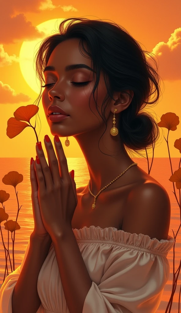 1girl, black hair, closed eyes, dark skin, earrings, ginkgo leaf, gradient, gradient background, jewelry, long hair, male focus, orange background, orange sky, orange theme, own hands clasped, own hands together, solo, sunset, upper body, yellow background, yellow sky, vibrant colors, fantasy