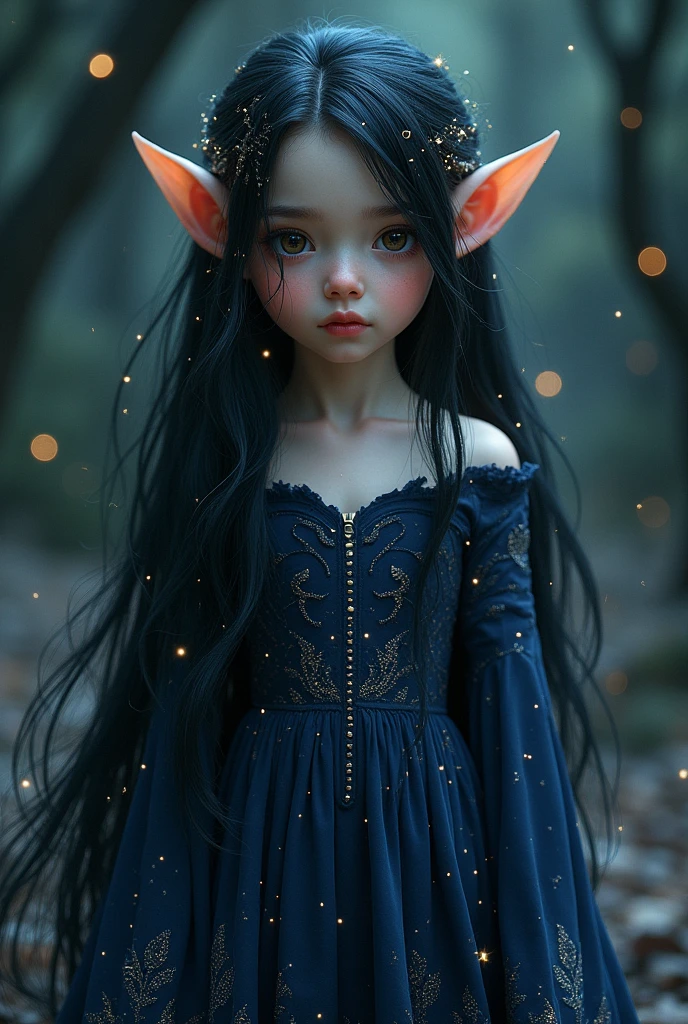  a young elf, with black hair with constellations and a long dark blue dress with constellations 
