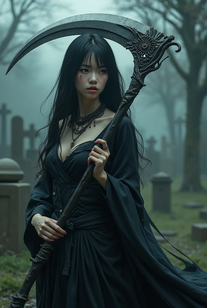 ((grim Reaper))、young woman、cute、1、Japanese、sexy、(((He carries a scythe as big as he is.)))、grim Reaperの鎌、Death Scythe、Bone Jewelry、Background Graveyard、Tattoos on the face、(best quality,4K,8k,highres,masterpiece:1.2),ultra-detailed,(realistic,photorealistic,photo-realistic:1.37),HDR,uhd,studio lighting,ultra-fine painting,sharp focus,physically-based rendering,extreme detail description,professional,vivid colors,bokeh,cinematic lighting,dramatic shadow,