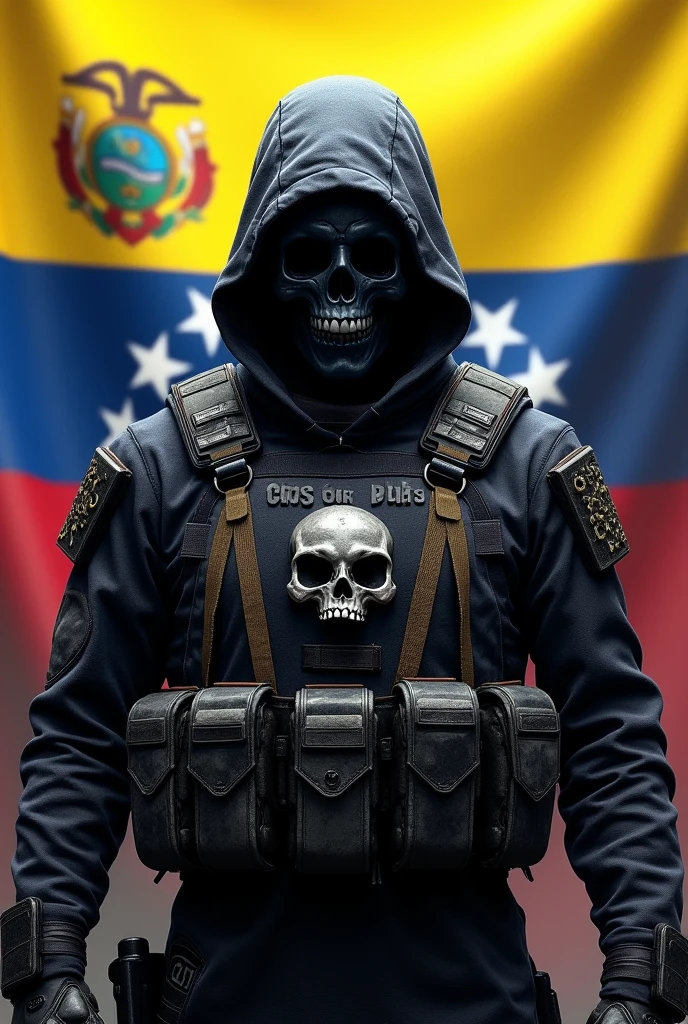 Una imagen  de un skin de call of duty "chost stealth" con el "call of duty" en el pecho y con la bandera de Venezuela atras