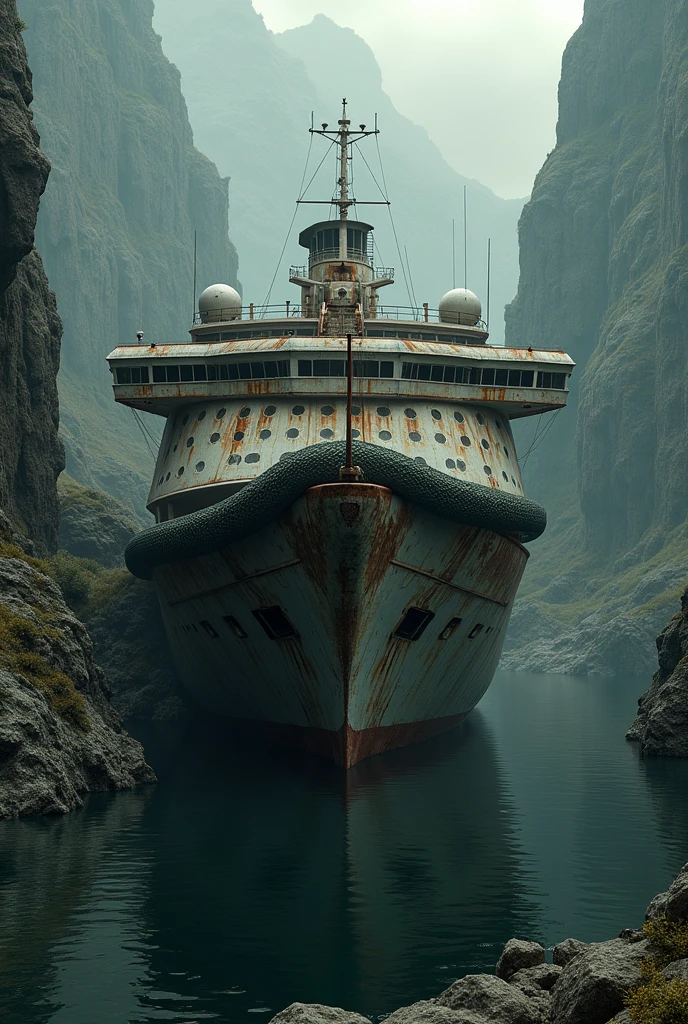 create a realistic 3D image of an abandoned cruise ship rusting on the edge of a scary lake with ravines and cliffs wrapped around a large python (9:16)