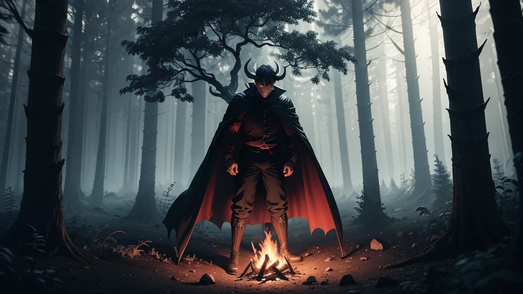 In a dark forest under the light of the full moon, a devil in front of him talking to a peasant. The devil has sharp horns, bright red eyes like burning embers, and wears a black cape that flutters in the wind. The peasant, dressed in a white shirt and black pants, is visibly frightened, looking at the devil with fear. The trees around him are twisted and deformed, their branches extending like claws, creating a sinister and disturbing atmosphere, in 3D cartoon style.