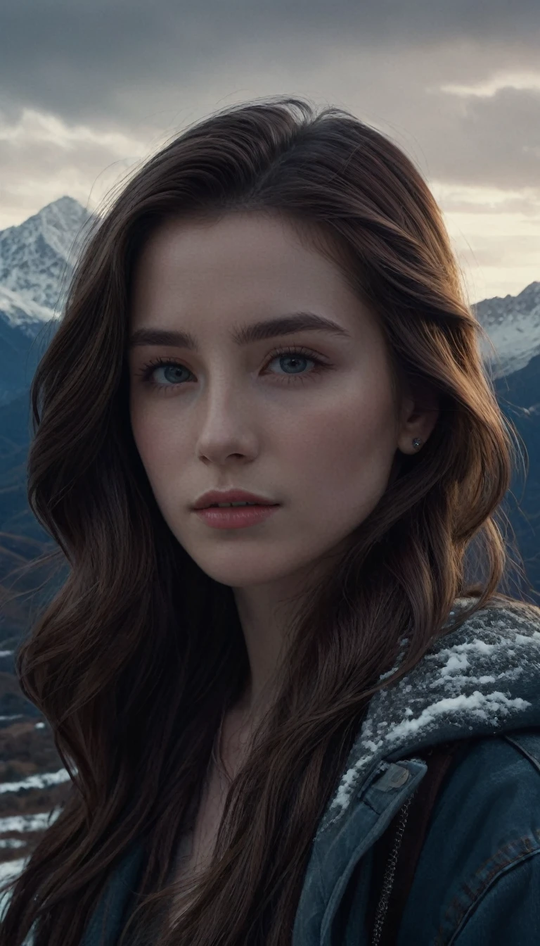 intricate detailed portrait of a young woman, alone in a wild mountainous landscape with snow-capped peaks in the distance, urban skyline in the background, beautiful detailed hair, dark moody lighting, (best quality,4k,8k,highres,masterpiece:1.2),ultra-detailed,(realistic,photorealistic,photo-realistic:1.37),dramatic chiaroscuro lighting,cinematic composition,highly detailed facial features,porcelain skin,piercing eyes,lush flowing hair,dramatic lighting and shadows,vast and imposing mountain range,rugged terrain,cityscape in the distance,atmospheric haze,moody and atmospheric,rich color palette