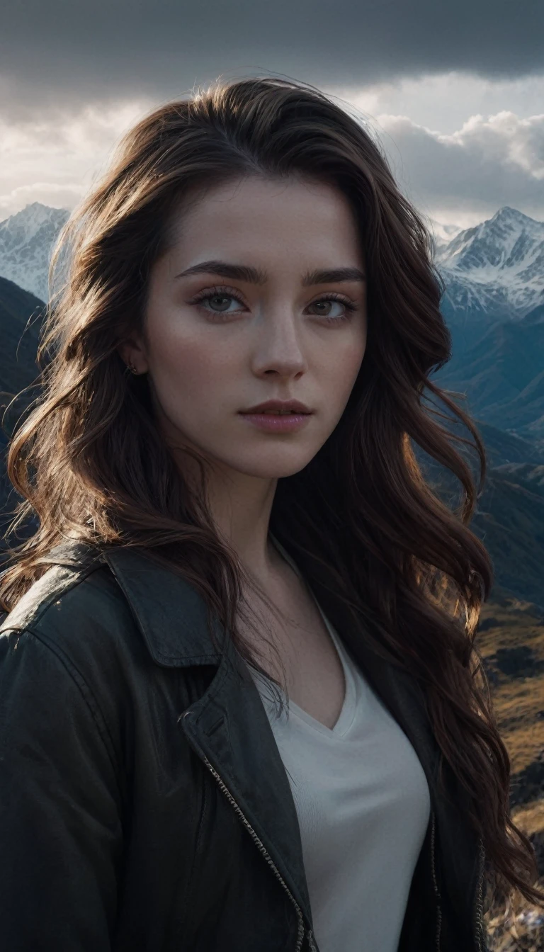intricate detailed portrait of a young woman, alone in a wild mountainous landscape with snow-capped peaks in the distance, urban skyline in the background, beautiful detailed hair, dark moody lighting, (best quality,4k,8k,highres,masterpiece:1.2),ultra-detailed,(realistic,photorealistic,photo-realistic:1.37),dramatic chiaroscuro lighting,cinematic composition,highly detailed facial features,porcelain skin,piercing eyes,lush flowing hair,dramatic lighting and shadows,vast and imposing mountain range,rugged terrain,cityscape in the distance,atmospheric haze,moody and atmospheric,rich color palette