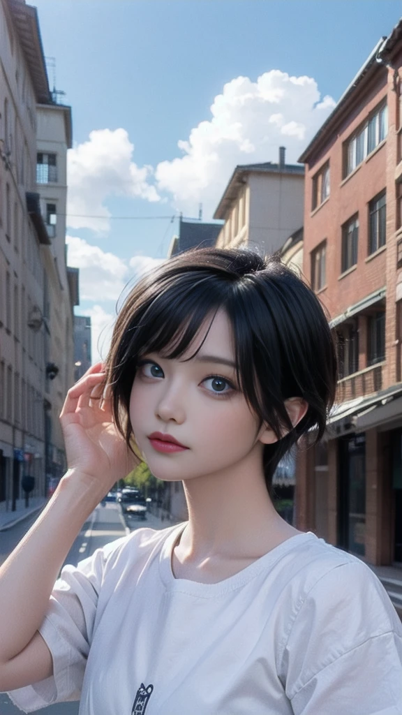 highest quality, masterpiece, black hair, blue eyes, look up,