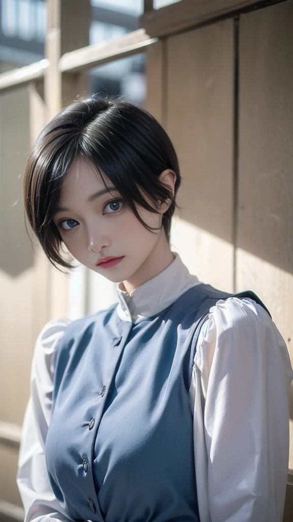 highest quality, masterpiece, black hair, blue eyes, look up, 